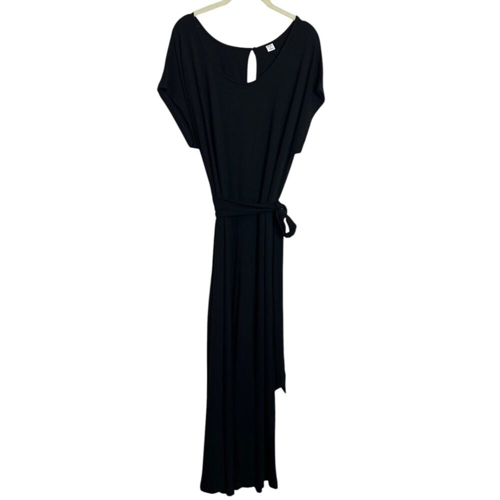 Old Navy Womens Jumpsuit XL Black Wide Leg Knit Attached Belt Short Sleeves NEW